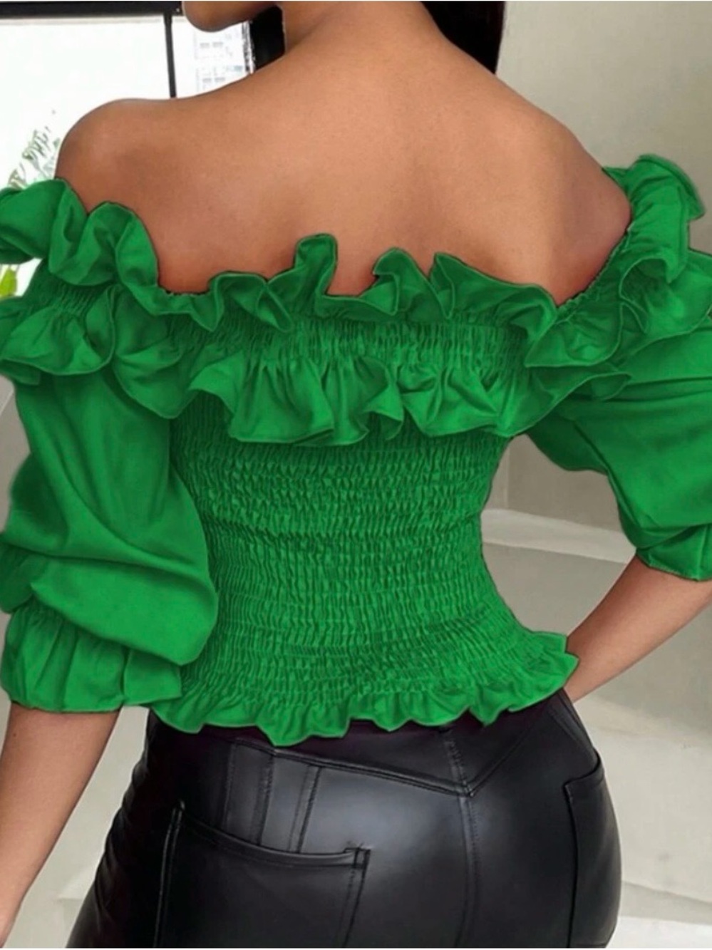 Off-the-Shoulder Ruffle Smocked Top - Green - Picture 2 of 2